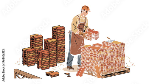 Bricklayer at Work: An industrious bricklayer skillfully organizes stacks of bricks, preparing for the construction of a new edifice.