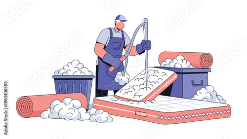 Mattress Cleaning Illustration: An illustration captures a professional in action, meticulously cleaning a mattress, symbolizing cleanliness, hygiene, and maintenance. 
