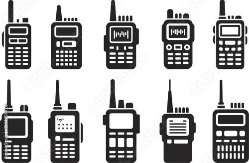 Walkie talkie silhouettes black with antennas on white background, portable radio devices, communication technology concept
