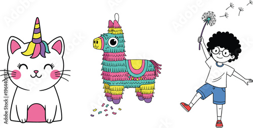 Cute cartoon vector set featuring unicorn cat, colorful piñata llama and playful child with dandelion illustration