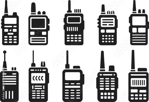 Walkie talkie silhouettes black with antennas on white background, portable radio devices, communication technology concept