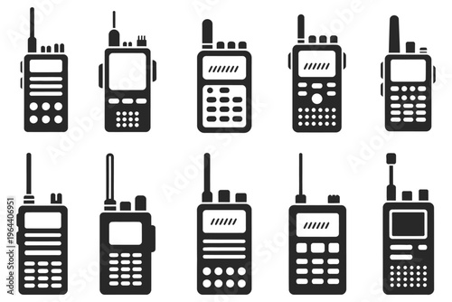 Walkie talkie silhouettes black with antennas on white background, portable radio devices, communication technology concept