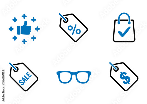 Vector icons representing online shopping, discount tags, and positive customer feedback