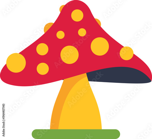Cartoon style mushroom with a red cap and yellow spots standing on green ground