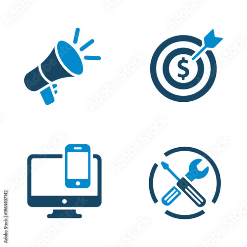 A collection of four vector icons representing marketing, finance, technology, and maintenance