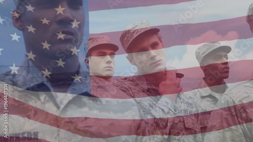 Animation of flag of america waving over diverse soldier standing and stretching neck