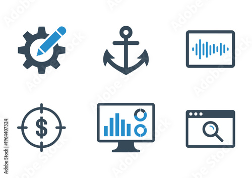 A vector illustration showcasing business and technology icons for various applications