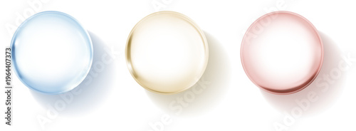 透明感のあるガラス風円形ボタン素材セット、ブルー・ゴールド・ピンクの柔らかい立体UIデザインパーツ