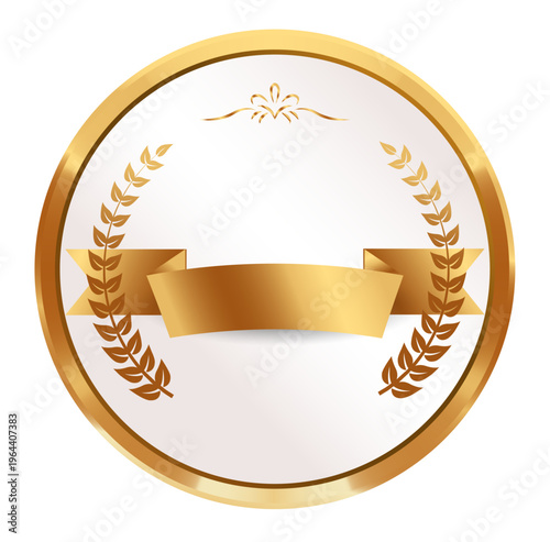 ゴールド円形フレームとリボン付き月桂樹エンブレム、表彰や証明書に最適な高級クラシックデザイン