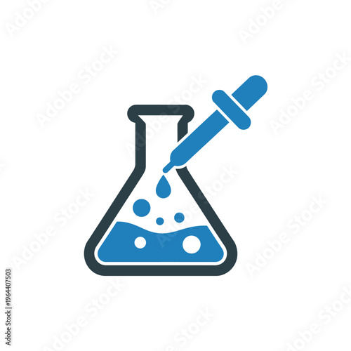 A vector of a blue dropper adding liquid into a flask with a scientific experiment.
