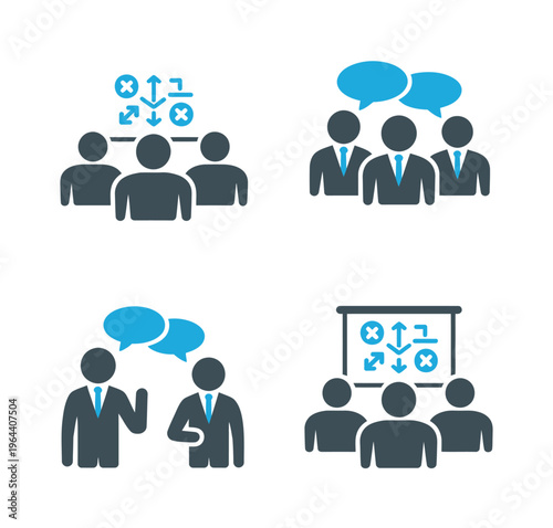 A vector illustration showcasing various business interactions and communication among professionals in a corporate setting.