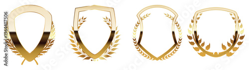 ゴールドの盾型エンブレムと月桂樹装飾の高級フレームセット 表彰や認証マークに使えるラグジュアリーデザイン素材