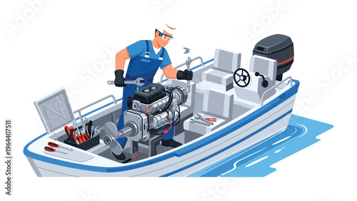 Mechanic Repairing Boat Engine: A skilled mechanic meticulously repairs the engine of a boat, ensuring its optimal performance and readiness for adventure on the water.