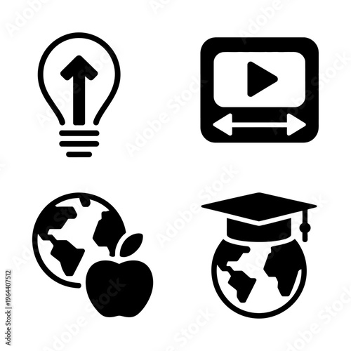 A set of vector icons representing education, innovation, and global learning through digital platforms