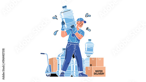 Water Delivery: A diligent delivery person, bearing the weight of a water bottle, embodies reliability and service. The image depicts essential elements of a delivery operation.