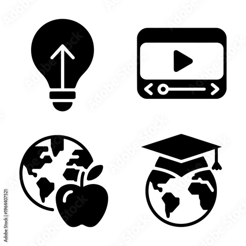 A set of vector icons representing education, technology, and global learning symbols