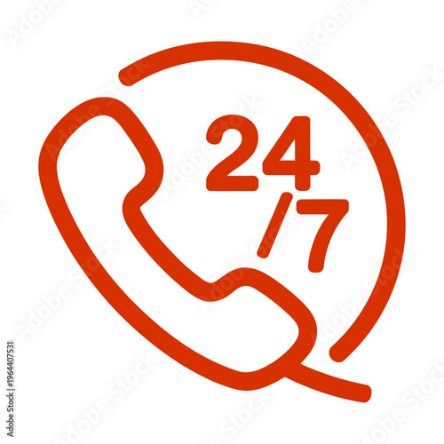A vibrant red vector illustration of a telephone with 24/7 availability displayed inside a circular frame