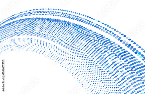 青色グラデーションのドットが流れるように波形を描く近未来テクノロジー抽象背景、データ可視化やAI・通信イメージに最適なデジタルパターン素材