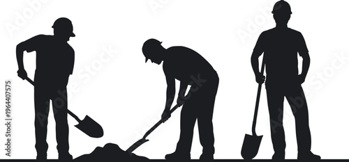 Construction workers silhouettes digging with shovels isolated on white background, manual labor concept, teamwork industry, excavation work, builder crew