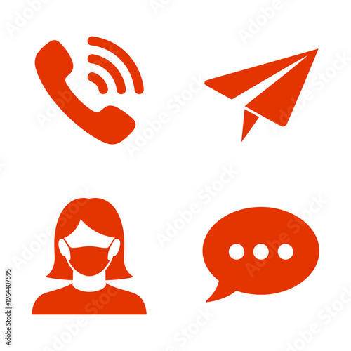 A red vector image depicting communication and health icons including a telephone, airplane, masked person, and speech bubble