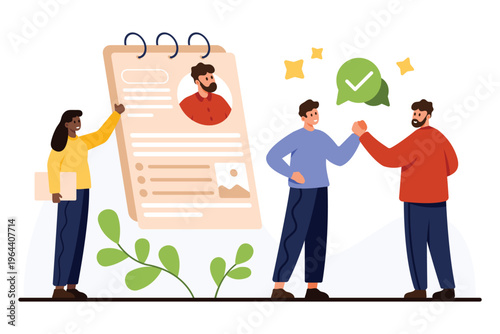 Human resources professionals reviewing candidate CV, successful recruitment process, teamwork, job interview, hiring decision, modern office, career opportunity, isolated on white background vector