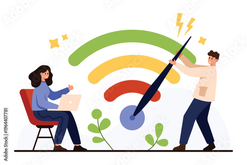 Man increasing wifi signal strength for woman using laptop, symbolizing faster internet connection, wireless technology, home network improvement, isolated on white vector illustration