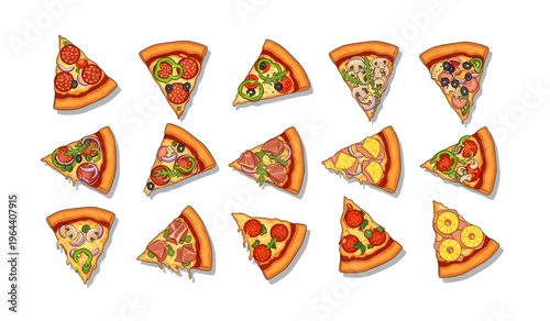 Collection of Variety pizza slices with toppings.