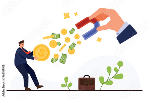 Businessman losing money to large magnet symbolizing taxes, financial loss, or economic pressure, with coins and bills flying away isolated on white background vector illustration