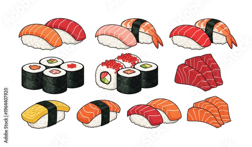 Collection of Variety sushi and maki rolls.