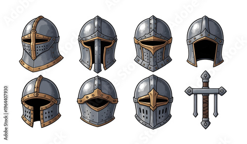 Collection of Medieval knight armor metal helmets.