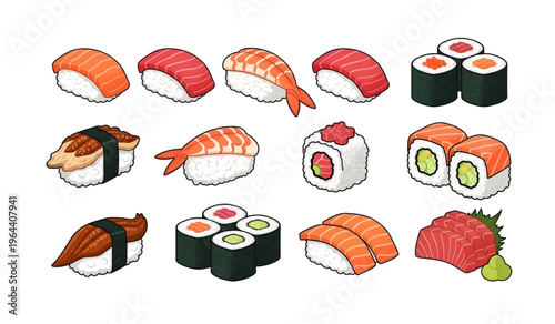 Collection Variety of sushi and sashimi pieces.