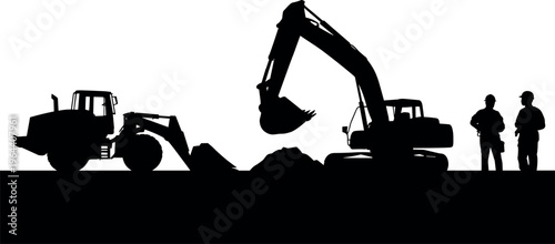 Excavator and loader machine silhouettes with construction workers isolated on white background, heavy equipment industry, building site activity concept