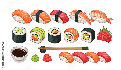 Collection Variety of sushi and sashimi pieces.