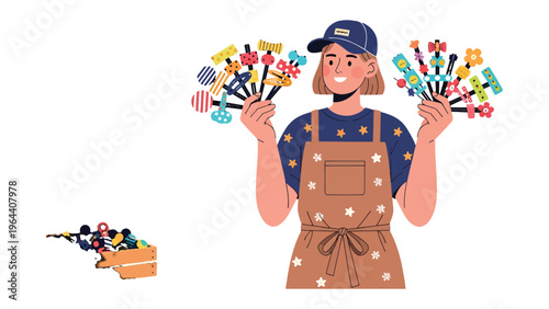 Creative Crafter's Display: A talented artisan presents her vibrant collection of handmade crafts, showcasing her artistic skills with pride and creativity.