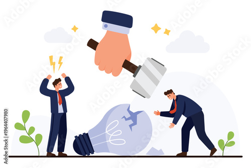 Businessman upset as giant hand smashes lightbulb symbolizing declined idea, negative feedback, failure, disappointment, and creative rejection isolated on white background vector illustration