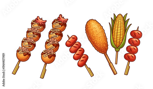 Collection of Grilled corn and meat skewers food.