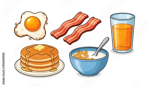 Collection of Breakfast food on a table setting.
