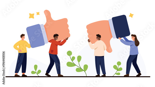 People showing large thumbs up and thumbs down symbols representing positive and negative feedback concept, reviews opinions evaluation teamwork isolated on white background vector illustration