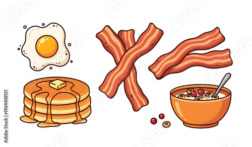 Collection of Syrup drizzled pancakes with bacon breakfast.