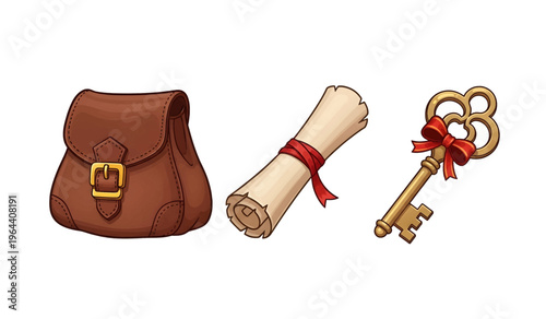 Collection of Brown leather purse and old key.