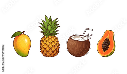 Collection of Tropical fruits including mango pineapple.
