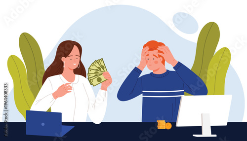 Businesswoman happily holding cash while male colleague looks stressed about money at office desk, perfect for salary, finance, and workplace concepts vector illustration