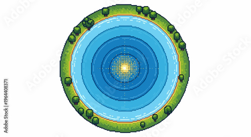 A circular, pixelated landscape featuring a serene lake with concentric rings