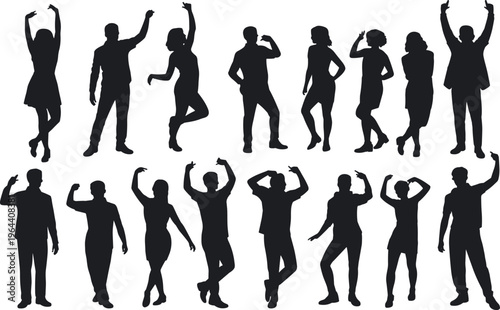 People dancing silhouettes collection in various poses isolated on white background, party celebration, nightlife activity, movement expression concept