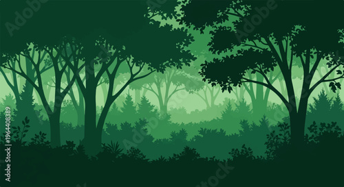 A dense forest with layered trees and foliage in various shades of green