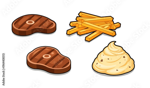 Collection of Steak and french fries meal.