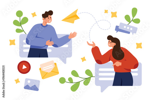 Two people exchanging messages with chat bubbles, paper plane, email, and media icons representing digital communication, teamwork, and online conversation vector illustration