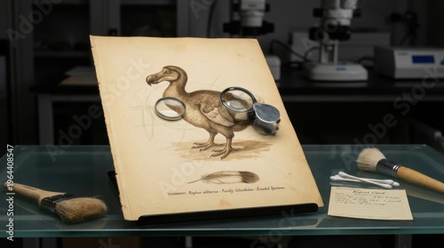 Hand-drawn scientific illustration under conservation at natural history museum, 19th-century naturalist watercolour of an extinct bird species, graphite underdrawing visible at magnification,
