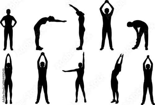 People stretching silhouettes in different poses isolated on white background, fitness exercise routine, warm up workout, healthy lifestyle concept