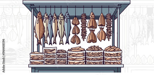 A stall displays dried fish hanging and stacked in containers